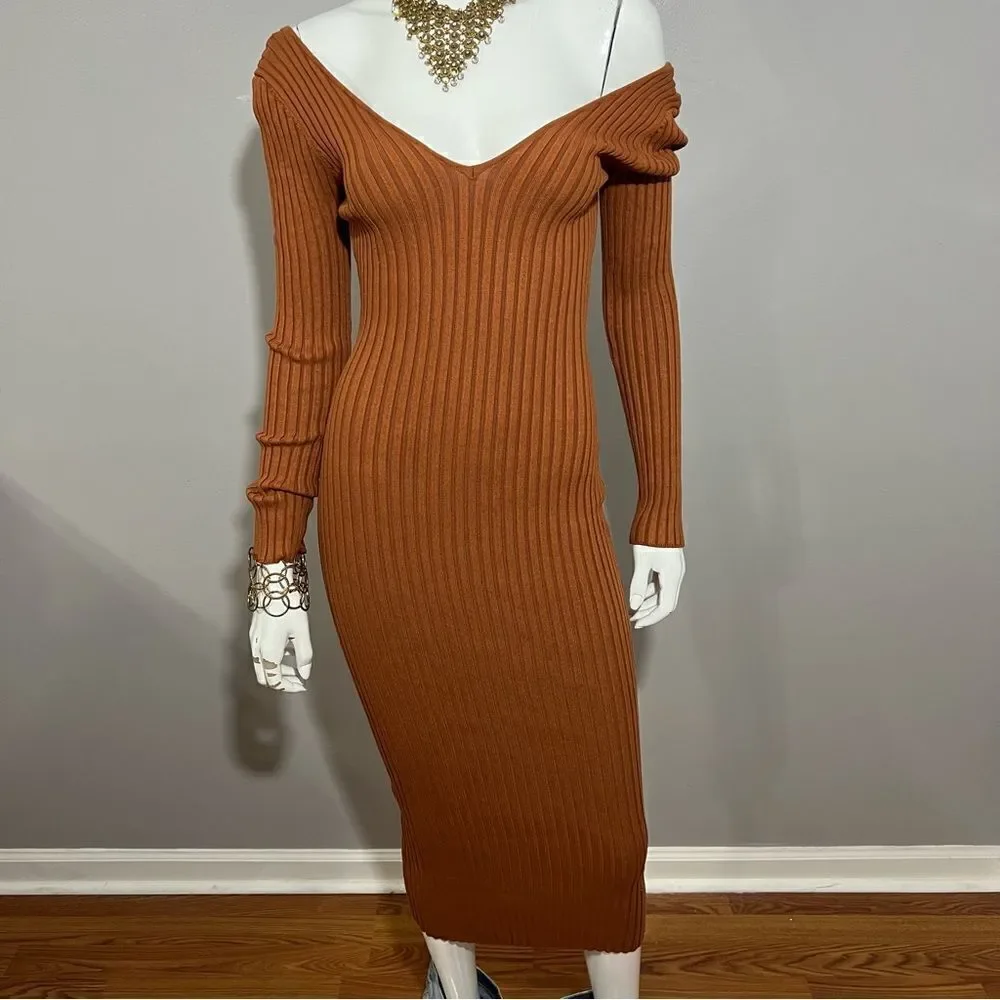 Hera Collection Off The Shoulder Ribbed Rust Midi Bodycon Dress - M - Picture 4 of 12